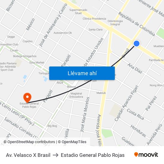 Av. Velasco X Brasil to Estadio General Pablo Rojas map