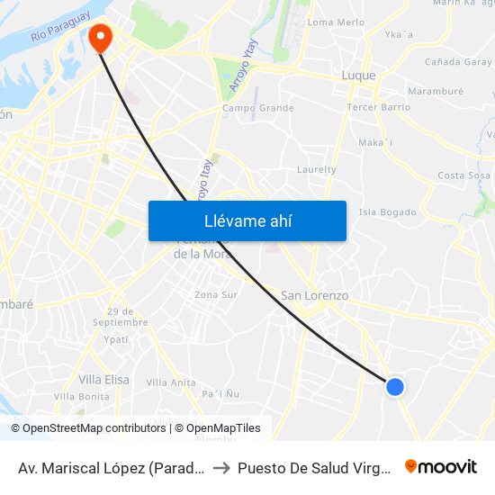 Av. Mariscal López (Parada Km. 17 (1/2)) to Puesto De Salud Virgen Del Rosario map