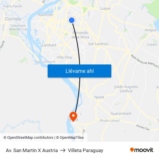 Av. San Martín X Austria to Villeta Paraguay map