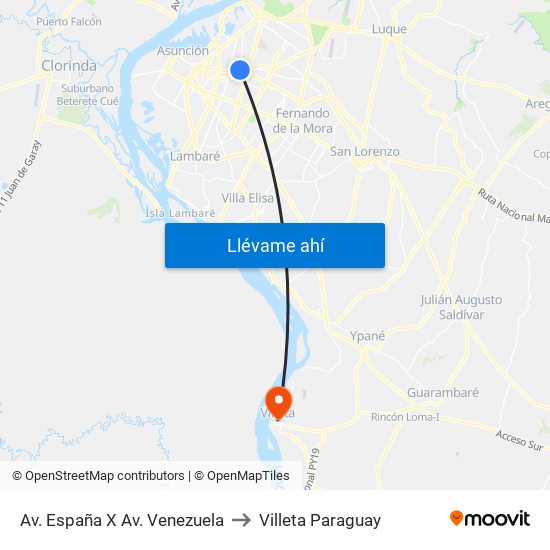 Av. España X Av. Venezuela to Villeta Paraguay map