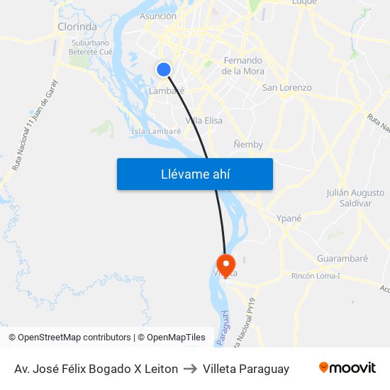 Av. José Félix Bogado X Leiton to Villeta Paraguay map