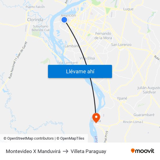 Montevideo X Manduvirá to Villeta Paraguay map