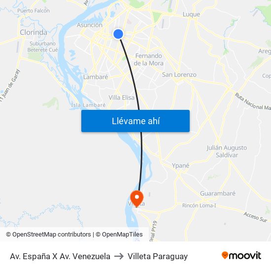 Av. España X Av. Venezuela to Villeta Paraguay map