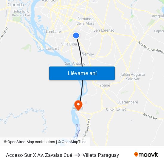 Acceso Sur X Av. Zavalas Cué to Villeta Paraguay map