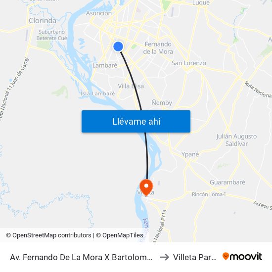 Av. Fernando De La Mora X Bartolomé De Las Casas to Villeta Paraguay map