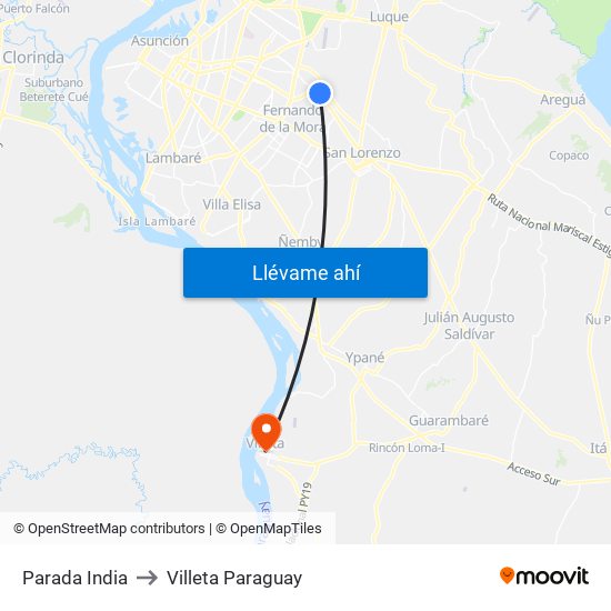 Parada India to Villeta Paraguay map