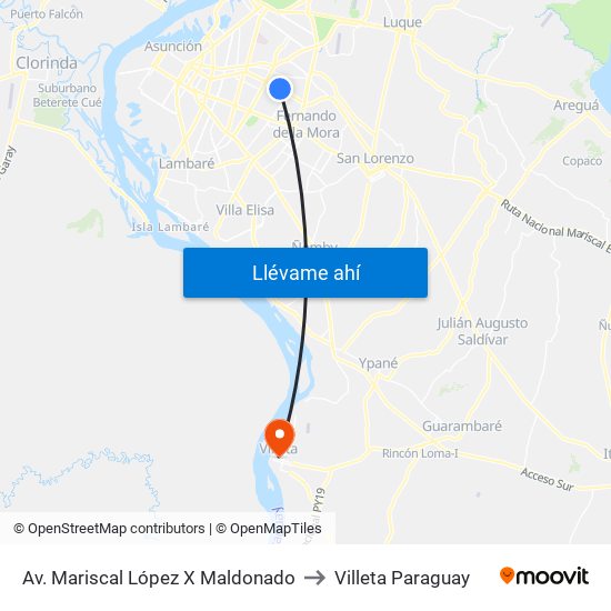 Av. Mariscal López X Maldonado to Villeta Paraguay map