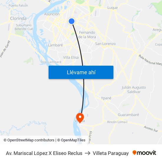 Av. Mariscal López X Eliseo Reclus to Villeta Paraguay map