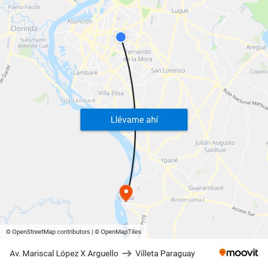 Av. Mariscal López X Arguello to Villeta Paraguay map