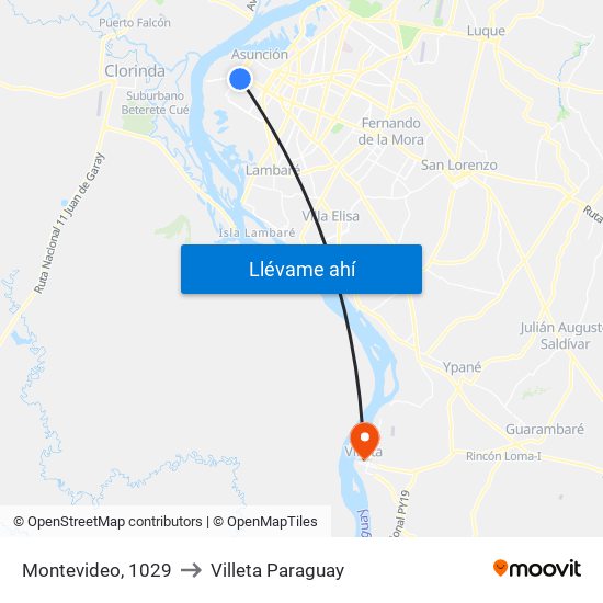 Montevideo, 1029 to Villeta Paraguay map