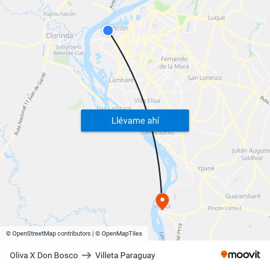 Oliva X Don Bosco to Villeta Paraguay map
