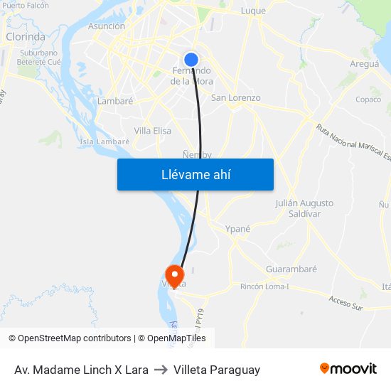 Av. Madame Linch X Lara to Villeta Paraguay map