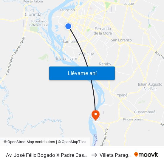 Av. José Félix Bogado X Padre Cassanello to Villeta Paraguay map