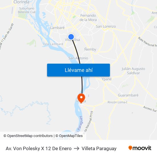 Av. Von Polesky X 12 De Enero to Villeta Paraguay map