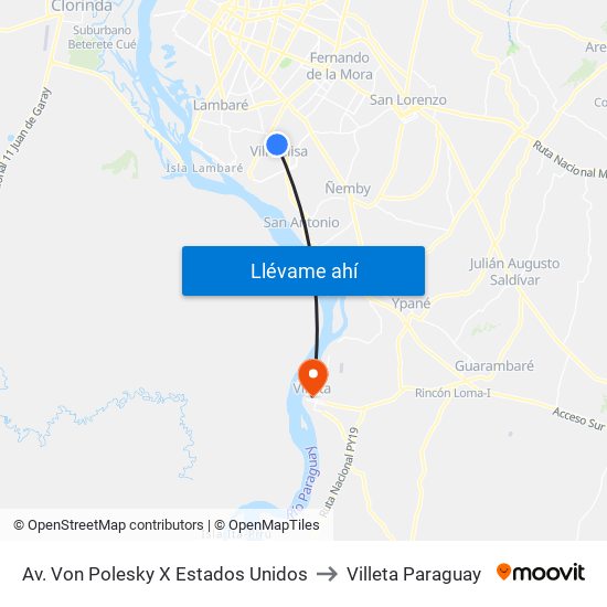 Av. Von Polesky X Estados Unidos to Villeta Paraguay map