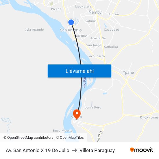 Av. San Antonio X 19 De Julio to Villeta Paraguay map