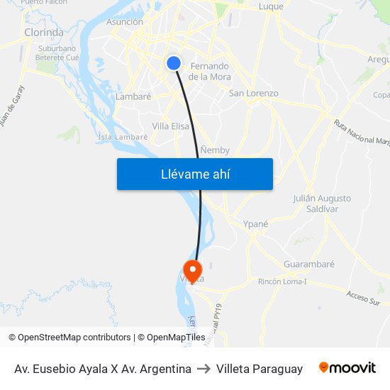 Av. Eusebio Ayala X Av. Argentina to Villeta Paraguay map