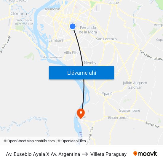 Av. Eusebio Ayala X Av. Argentina to Villeta Paraguay map