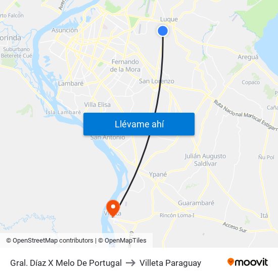 Gral. Díaz X Melo De Portugal to Villeta Paraguay map