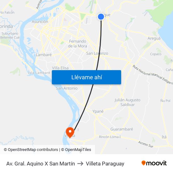 Av. Gral. Aquino X San Martín to Villeta Paraguay map