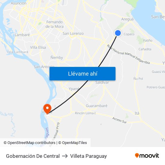 Gobernación De Central to Villeta Paraguay map