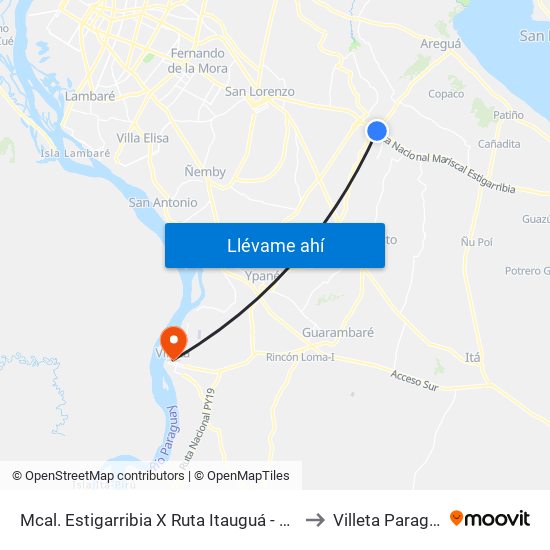 Mcal. Estigarribia X Ruta Itauguá - Aregua to Villeta Paraguay map