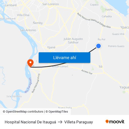 Hospital Nacional De Itauguá to Villeta Paraguay map