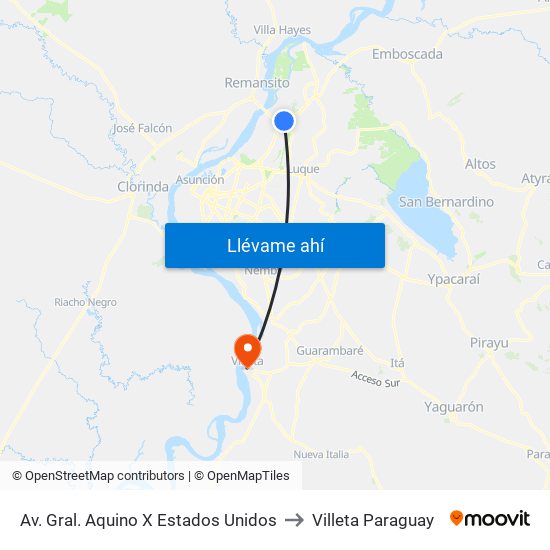 Av. Gral. Aquino X Estados Unidos to Villeta Paraguay map