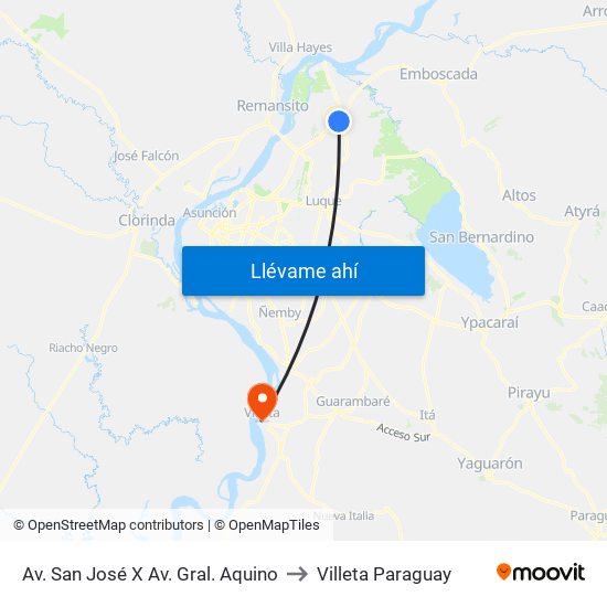 Av. San José X Av. Gral. Aquino to Villeta Paraguay map