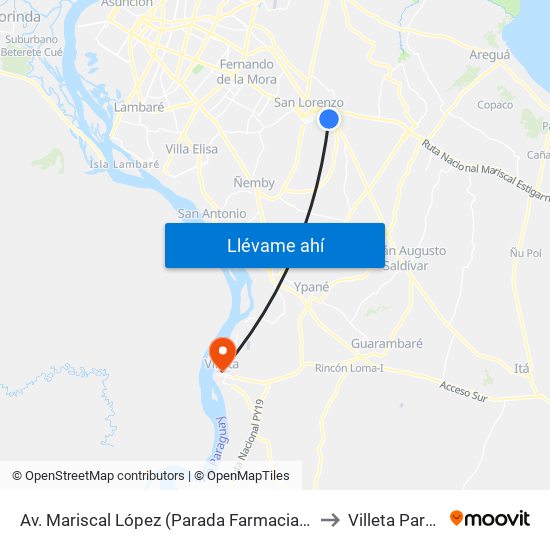 Av. Mariscal López (Parada Farmacia San Lorenzo) to Villeta Paraguay map