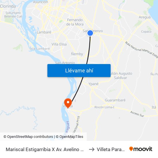 Mariscal Estigarribia X Av. Avelino Martínez to Villeta Paraguay map