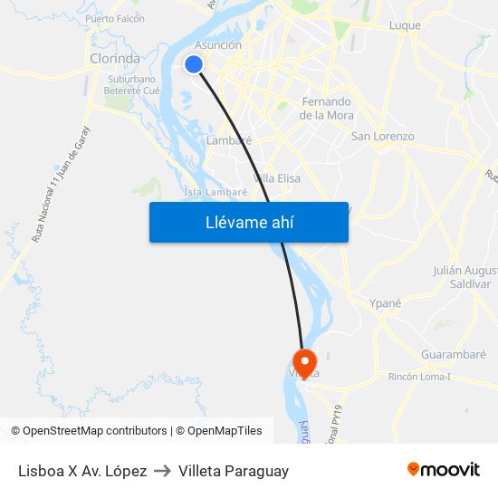 Lisboa X Av. López to Villeta Paraguay map