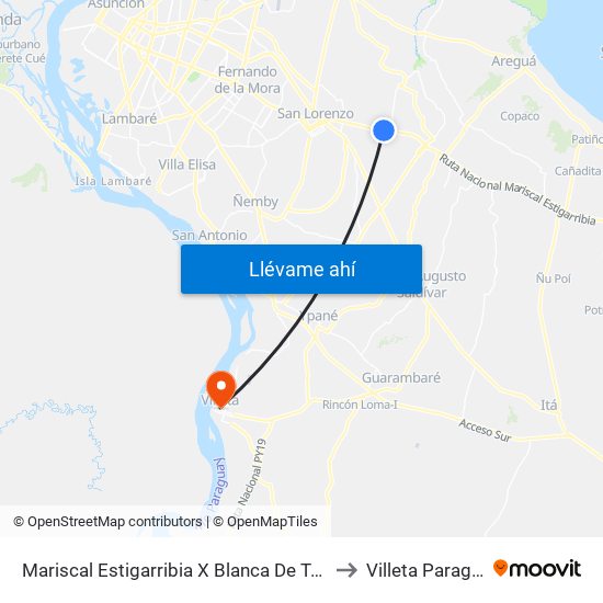 Mariscal Estigarribia X Blanca De Talavera to Villeta Paraguay map