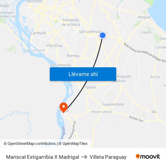 Mariscal Estigarribia X Madrigal to Villeta Paraguay map