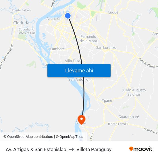 Av. Artigas X San Estanislao to Villeta Paraguay map