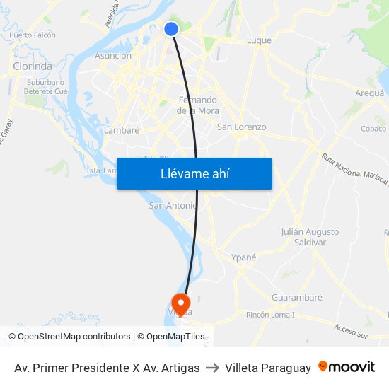 Av. Primer Presidente X Av. Artigas to Villeta Paraguay map