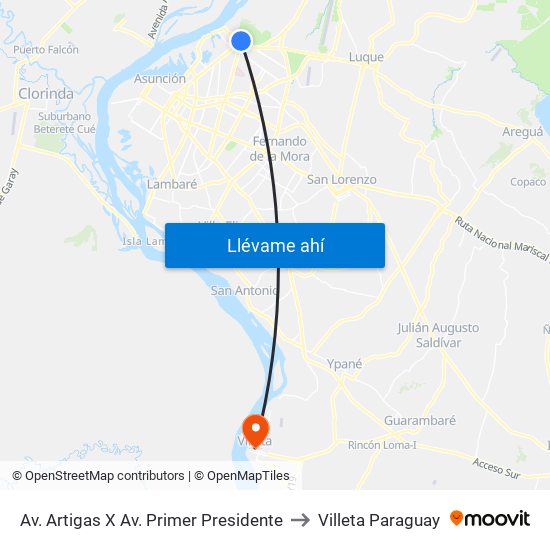 Av. Artigas X Av. Primer Presidente to Villeta Paraguay map