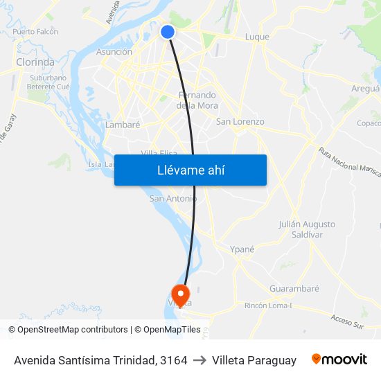Avenida Santísima Trinidad, 3164 to Villeta Paraguay map