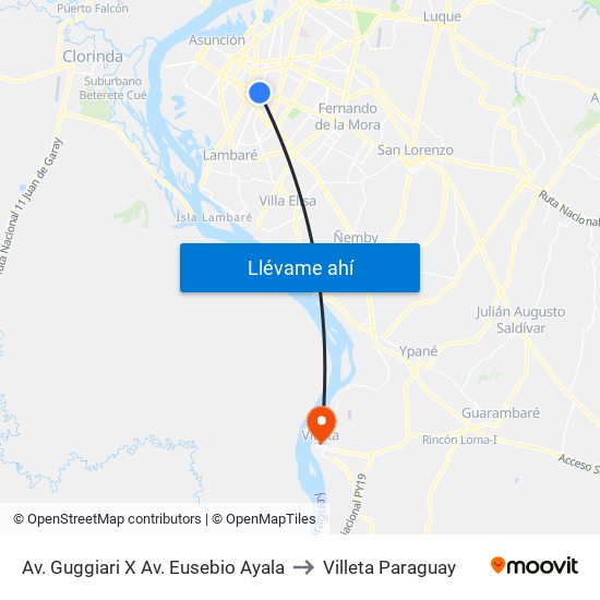 Av. Guggiari X Av. Eusebio Ayala to Villeta Paraguay map