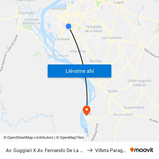 Av. Guggiari X Av. Fernando De La Mora to Villeta Paraguay map