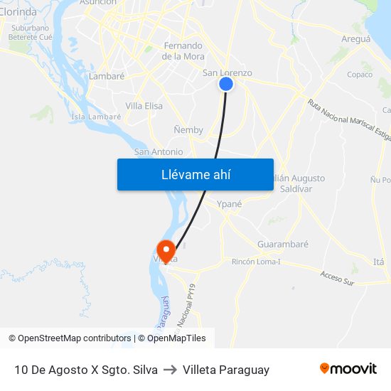 10 De Agosto X Sgto. Silva to Villeta Paraguay map