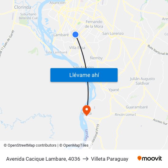 Avenida Cacique Lambare, 4036 to Villeta Paraguay map