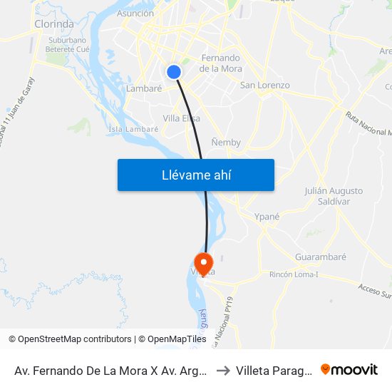 Av. Fernando De La Mora X Av. Argentina to Villeta Paraguay map