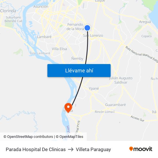 Parada Hospital De Clinicas to Villeta Paraguay map