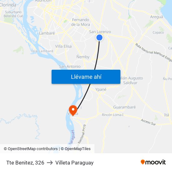 Tte Benitez, 326 to Villeta Paraguay map