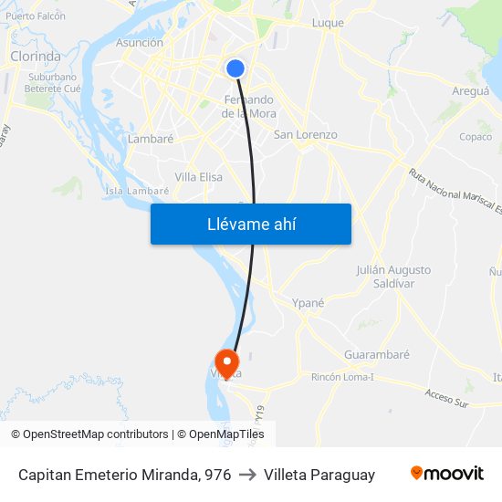 Capitan Emeterio Miranda, 976 to Villeta Paraguay map