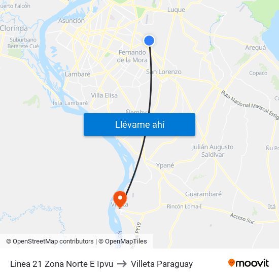 Linea 21 Zona Norte E Ipvu to Villeta Paraguay map