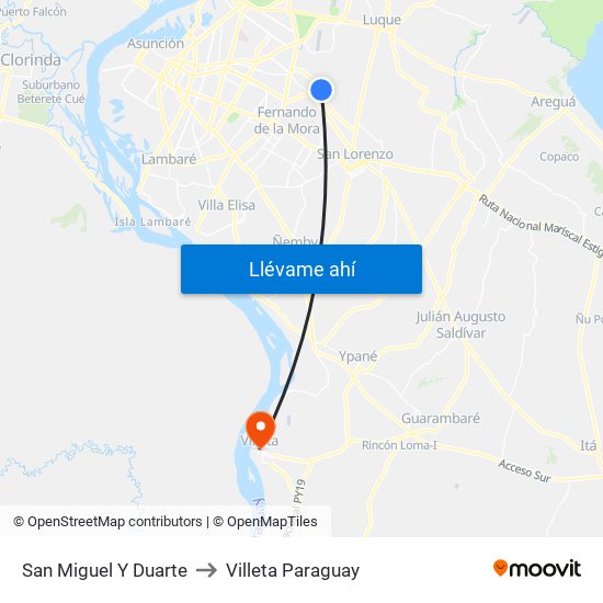 San Miguel Y Duarte to Villeta Paraguay map