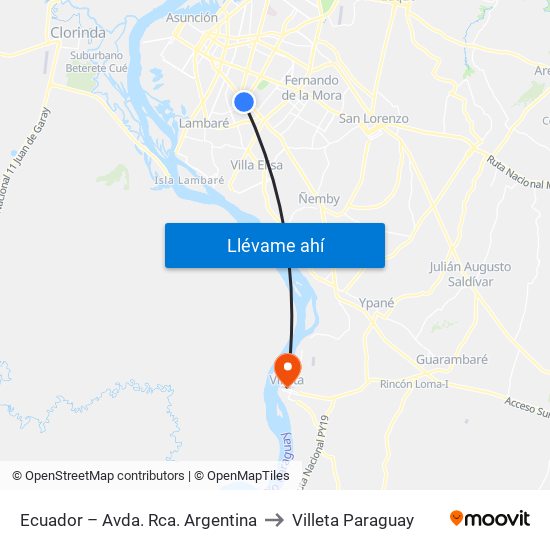 Ecuador – Avda. Rca. Argentina to Villeta Paraguay map