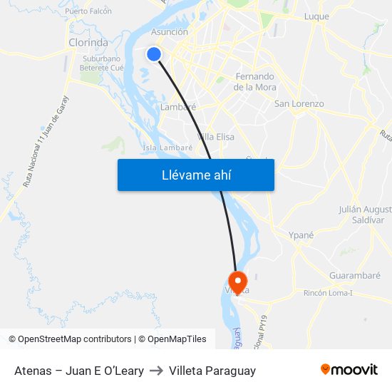 Atenas – Juan E O’Leary to Villeta Paraguay map